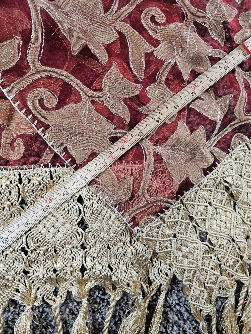 Vintage Victorian Style Table Runner Burgundy Gold Fringe Leaf Floral Print